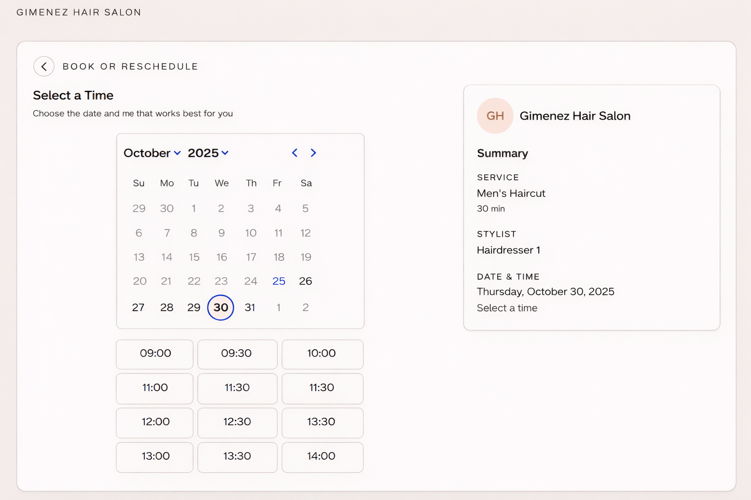 Customer booking calendar - day and time selection