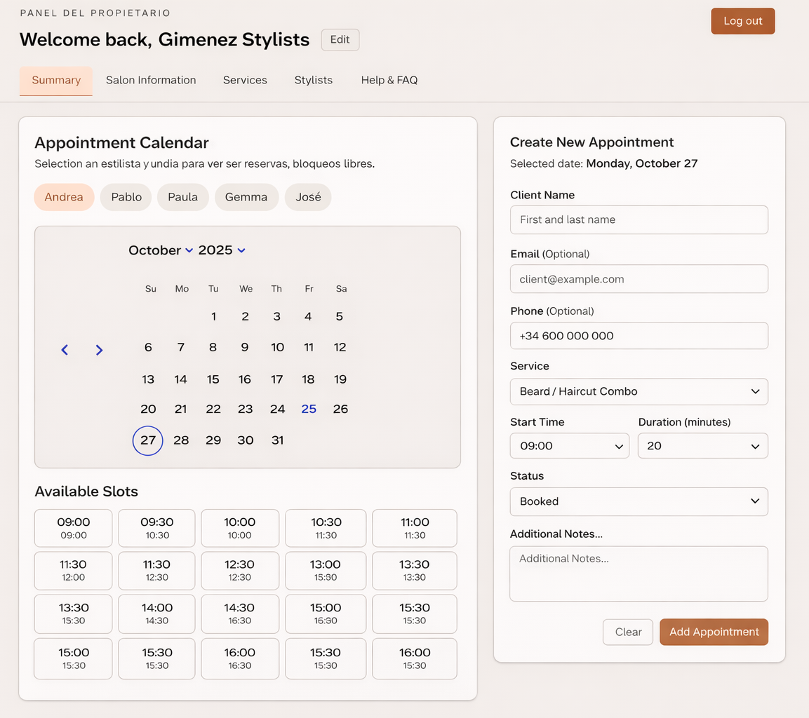 Admin panel - appointment calendar view